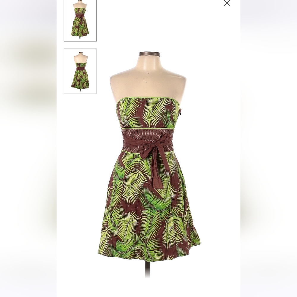 Free People Green Palm-Print Strapless Dress with Brown Waist Tie